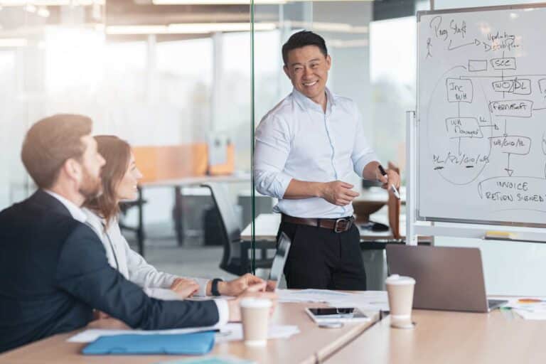 a man presenting his idea to 2 coworkers