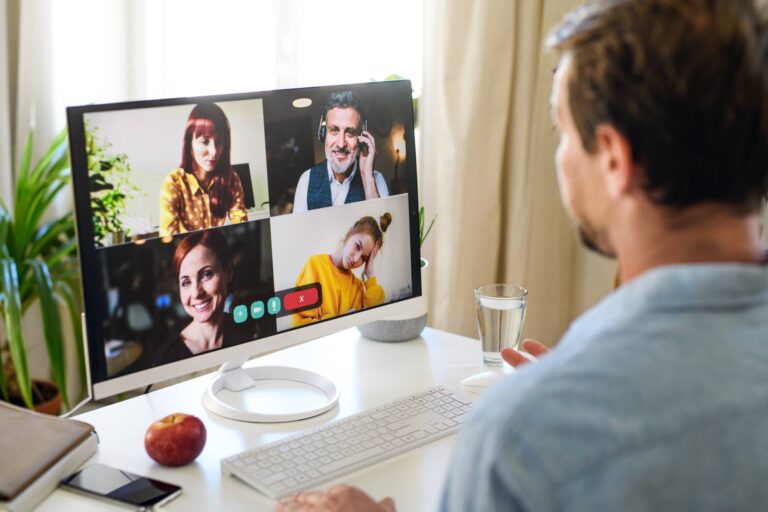 A remote video call team meeting