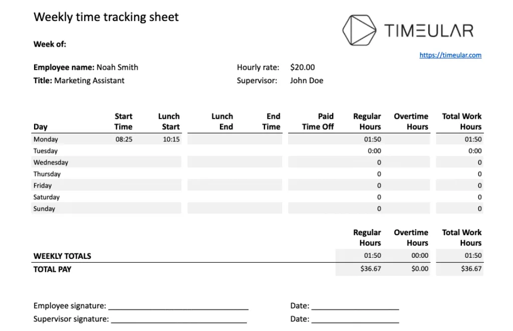 Time tracking template to track employee hour